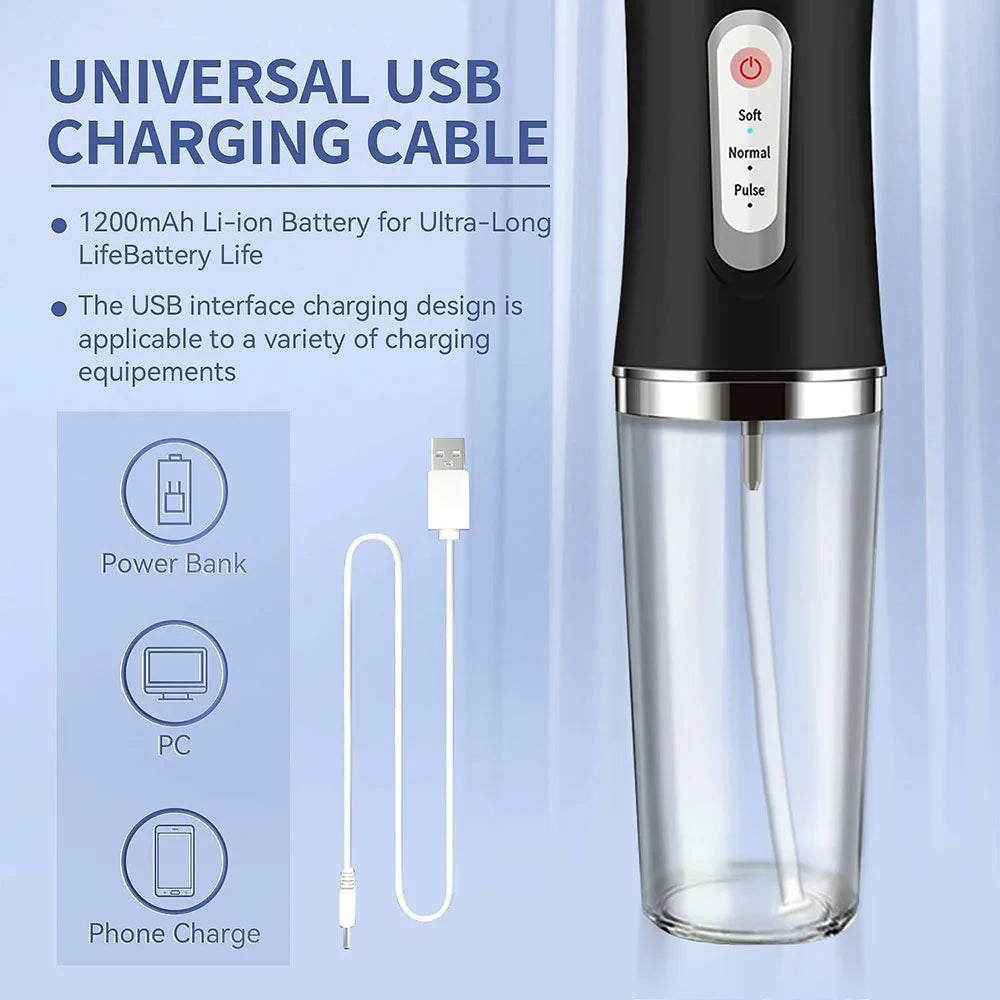 A black portable dental water flosser with a soft, normal, and pulse setting switch and a clear glass chamber.