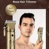 A man is holding a gold-colored nose hair trimmer device, which is part of a multi-function electric grooming kit.