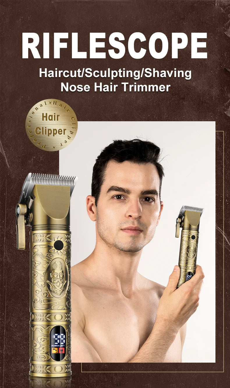 A man is holding a gold-colored nose hair trimmer device, which is part of a multi-function electric grooming kit.