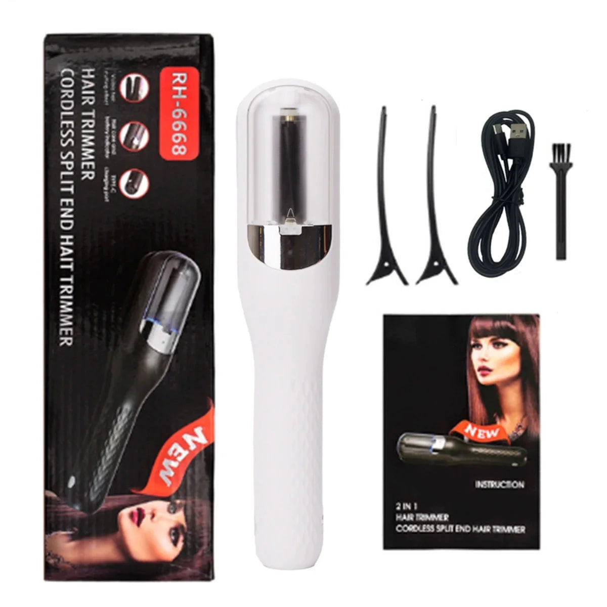 A black cordless split end hair trimmer with a white body and charging cable shown next to the product box.