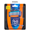 A package containing eight blades of the Izetta razor, featuring a blue and orange design.