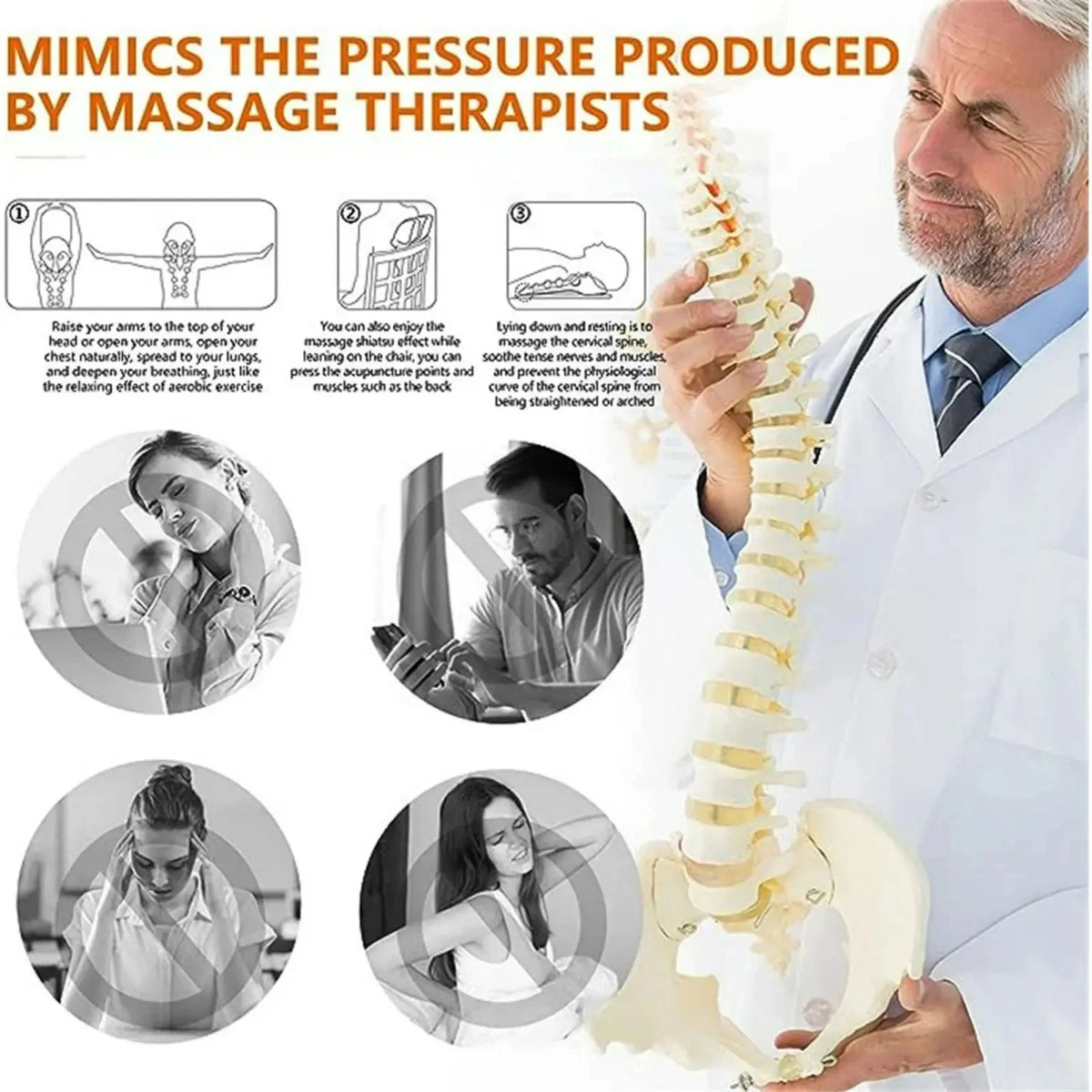 A male therapist demonstrates the pressure produced by massage therapists using a neck and shoulder traction massager on a pa
