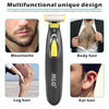 A black portable electric shaver with a yellow top is shown alongside examples of body hair, mustache, leg hair, and ear hair