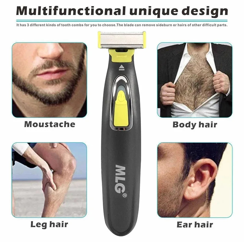 A black portable electric shaver with a yellow top is shown alongside examples of body hair, mustache, leg hair, and ear hair