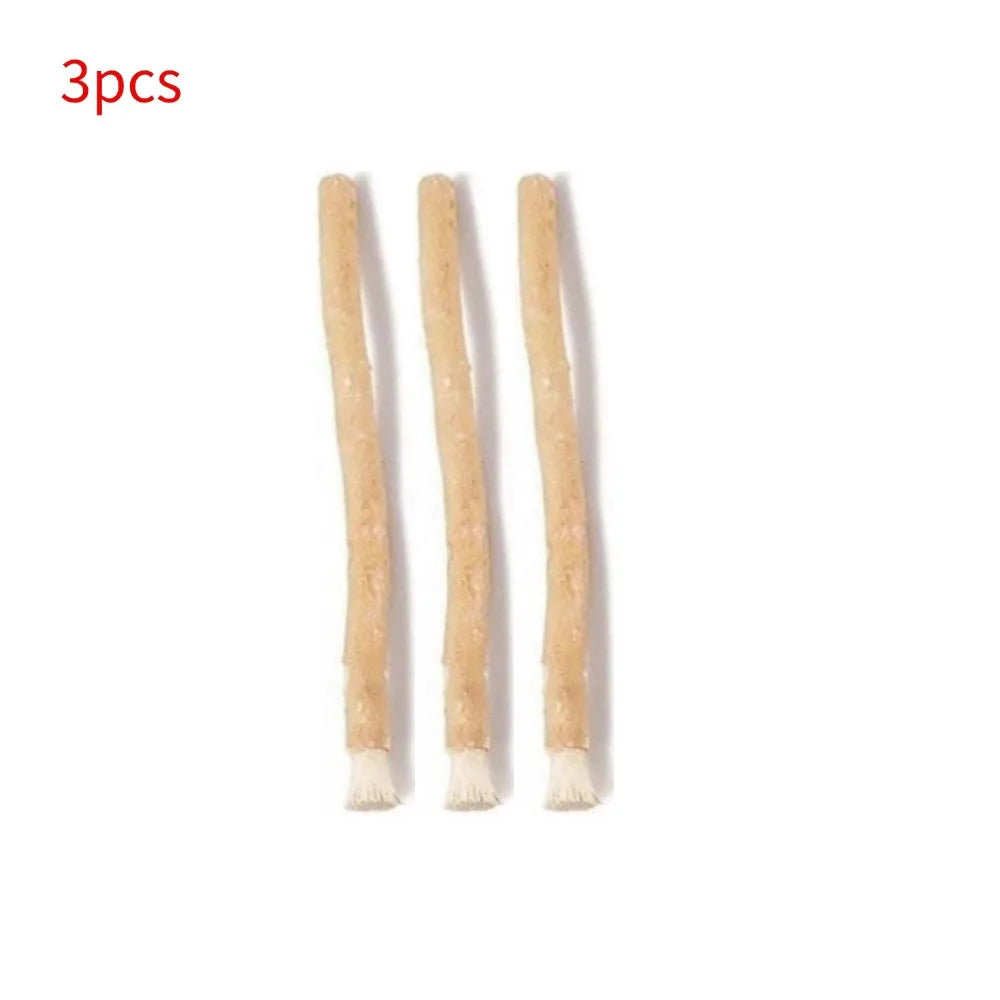 Three natural miswak toothbrushes shown individually on a white background.