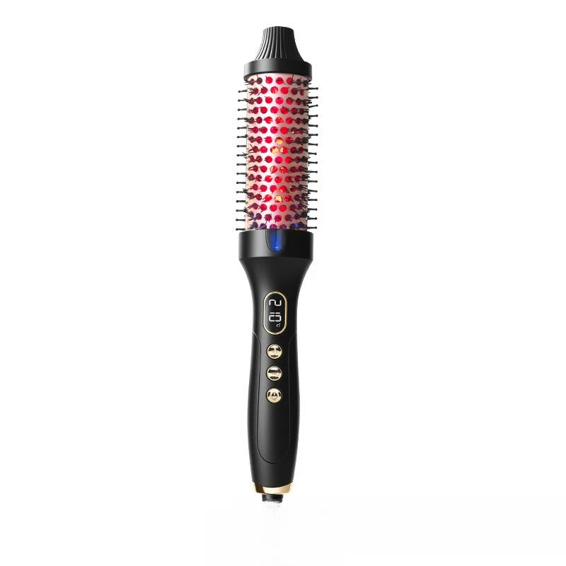 A black heated curling iron brush with red ceramic tips is shown against a white background.