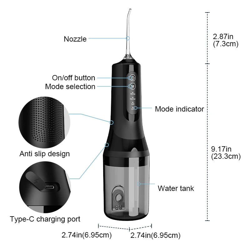 A black portable electric dental floss and oral irrigator device showing its components like the nozzle, button, indicator, a