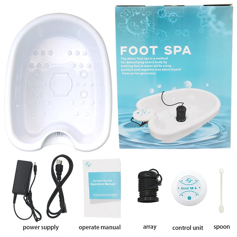 A white foot spa massager device shown with its components including a power supply, operate manual, array, control unit, and