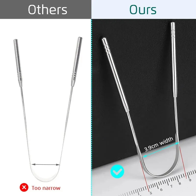Stainless steel tongue scraper set shown next to a measurement scale demonstrating its 3.9cm width.