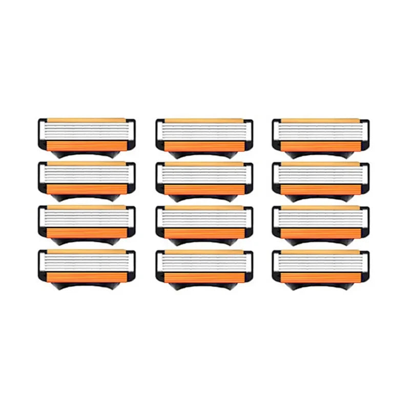 Six replacement razor heads with a fusion style design and orange accents.