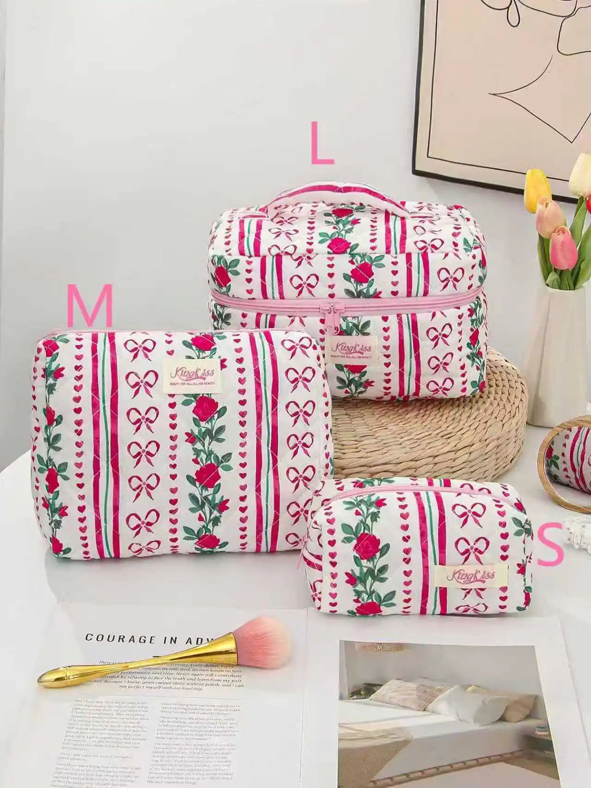 A set of pink and green striped quilted cotton makeup bags, including a zippered pouch and a larger box style bag.