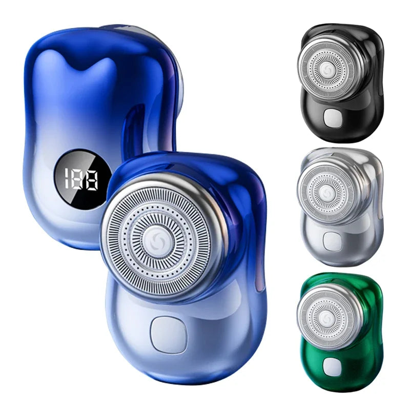 A set of mini electric rechargeable travel shavers in blue, silver, and green colors shown individually.