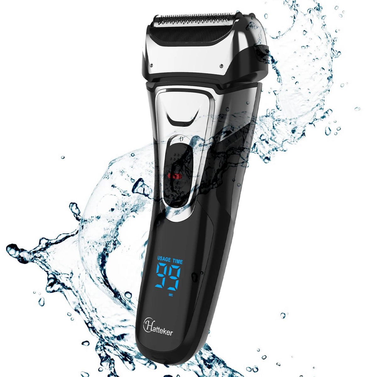 Schwarzer elektrischer Gesichtsrasierer wird im Wasser benutzt, mit Spritzwasserabprall