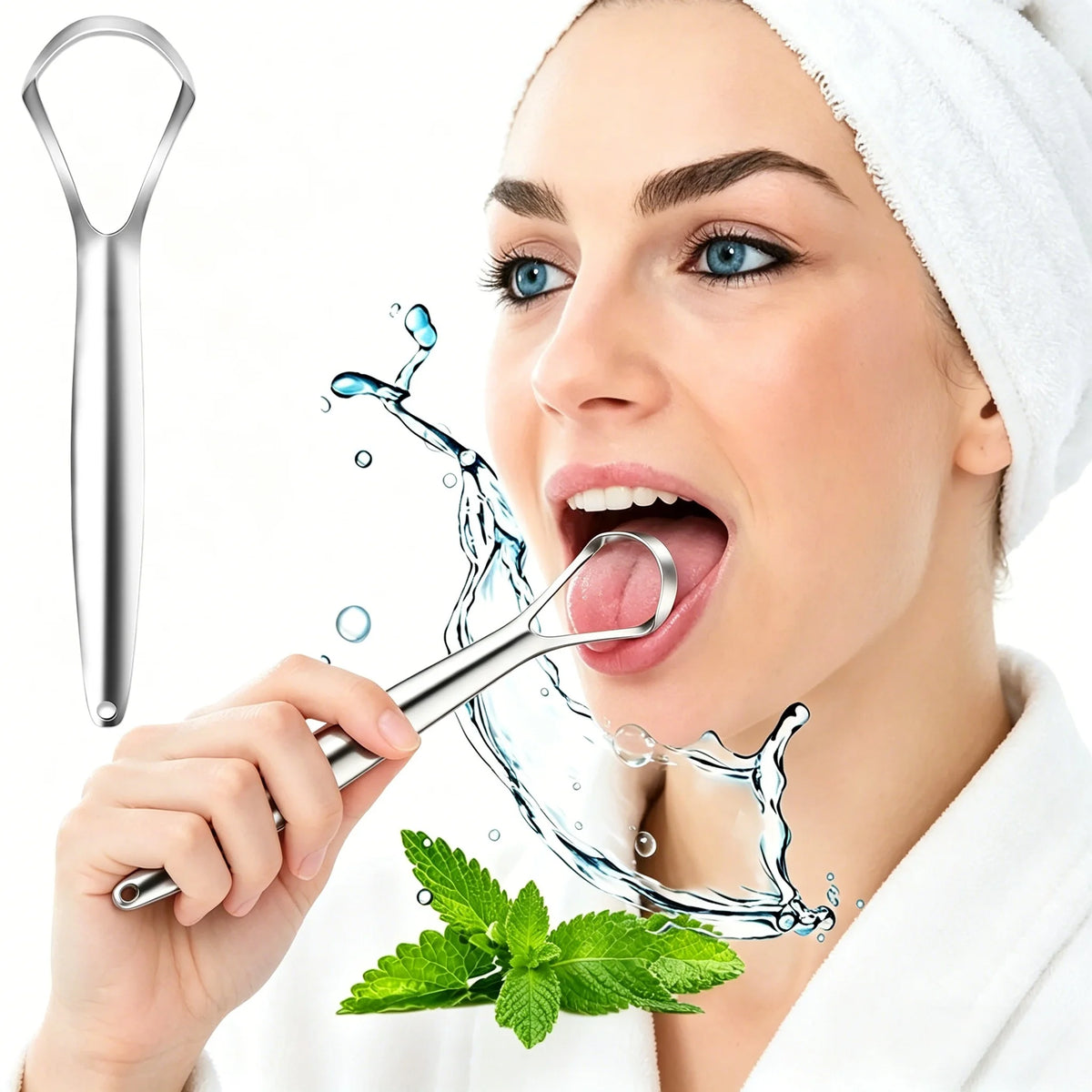 A woman is using a stainless steel tongue and gum scraper to clean her mouth with water.