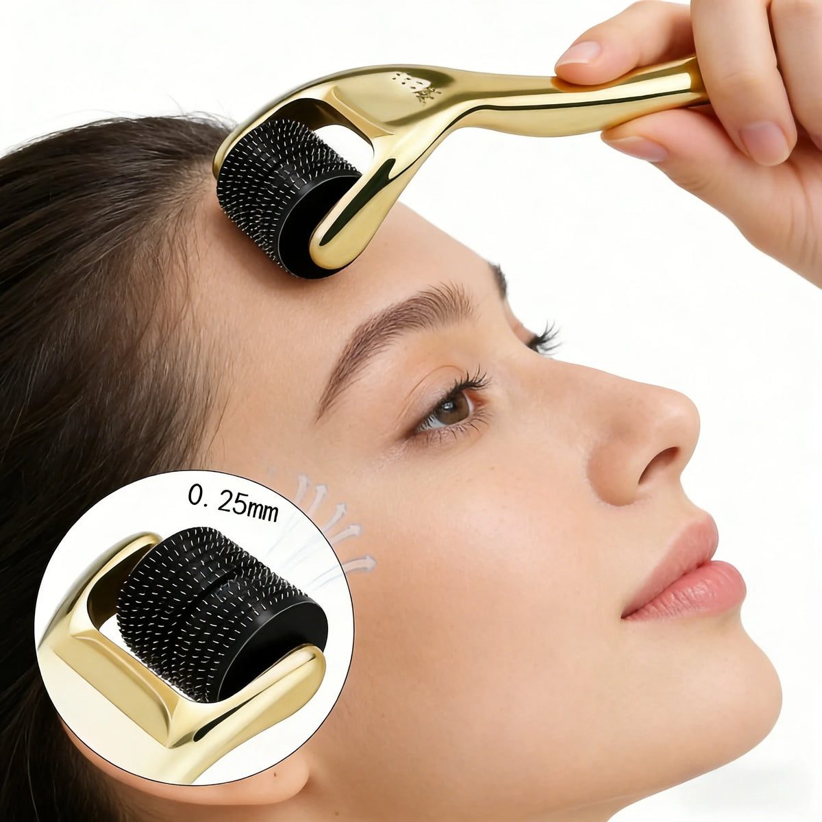 A hand holds a gold-colored micro derma roller device positioned on a woman's skin for facial rejuvenation.
