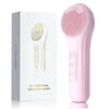 A pink silicone facial cleansing brush is shown next to its packaging box.