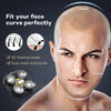 Close-up of a man's face showing the application of 5D floating heads and dual-track cutting foil for facial grooming.
