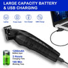Black rechargeable beard and hair trimmer with a detachable battery and charging cable.