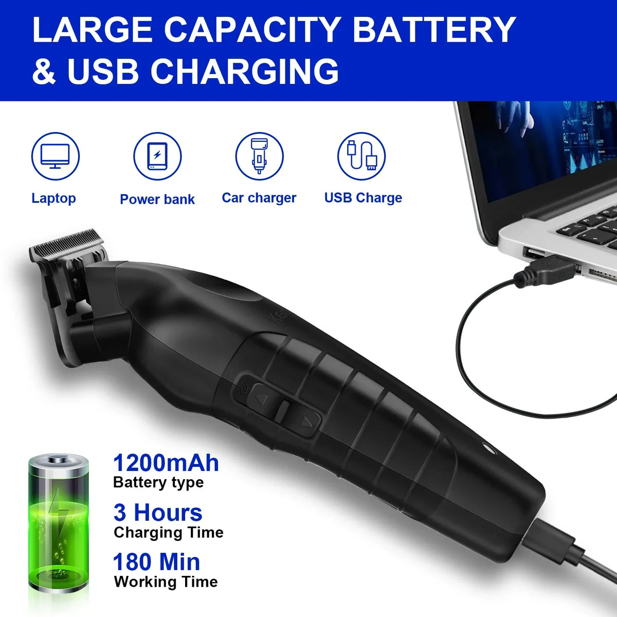 Black rechargeable beard and hair trimmer with a detachable battery and charging cable.