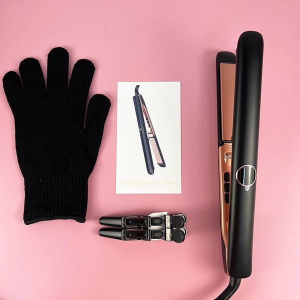 A black professional ceramic flat iron hair straightener and a black glove are displayed on a pink background.