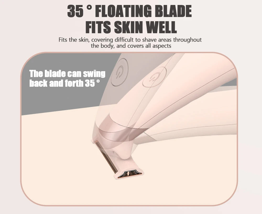 A close-up view of a pink electric hair shaver fitting against human skin.