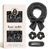 A set of black velvet heatless hair curlers includes a large bow and smaller rollers for natural morning curls.