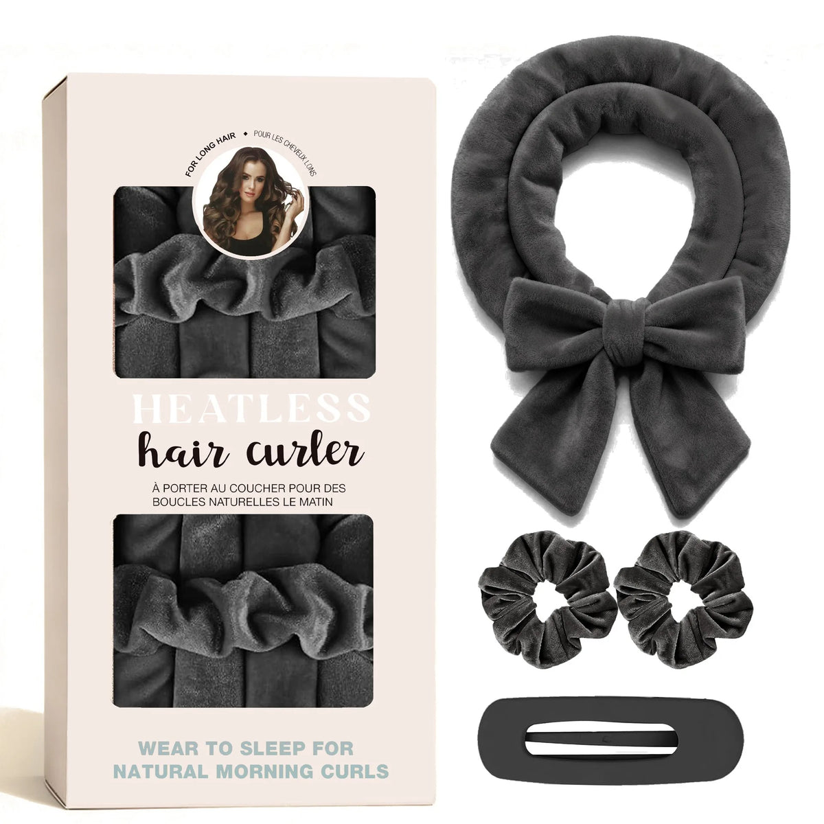 A set of black velvet heatless hair curlers includes a large bow and smaller rollers for natural morning curls.