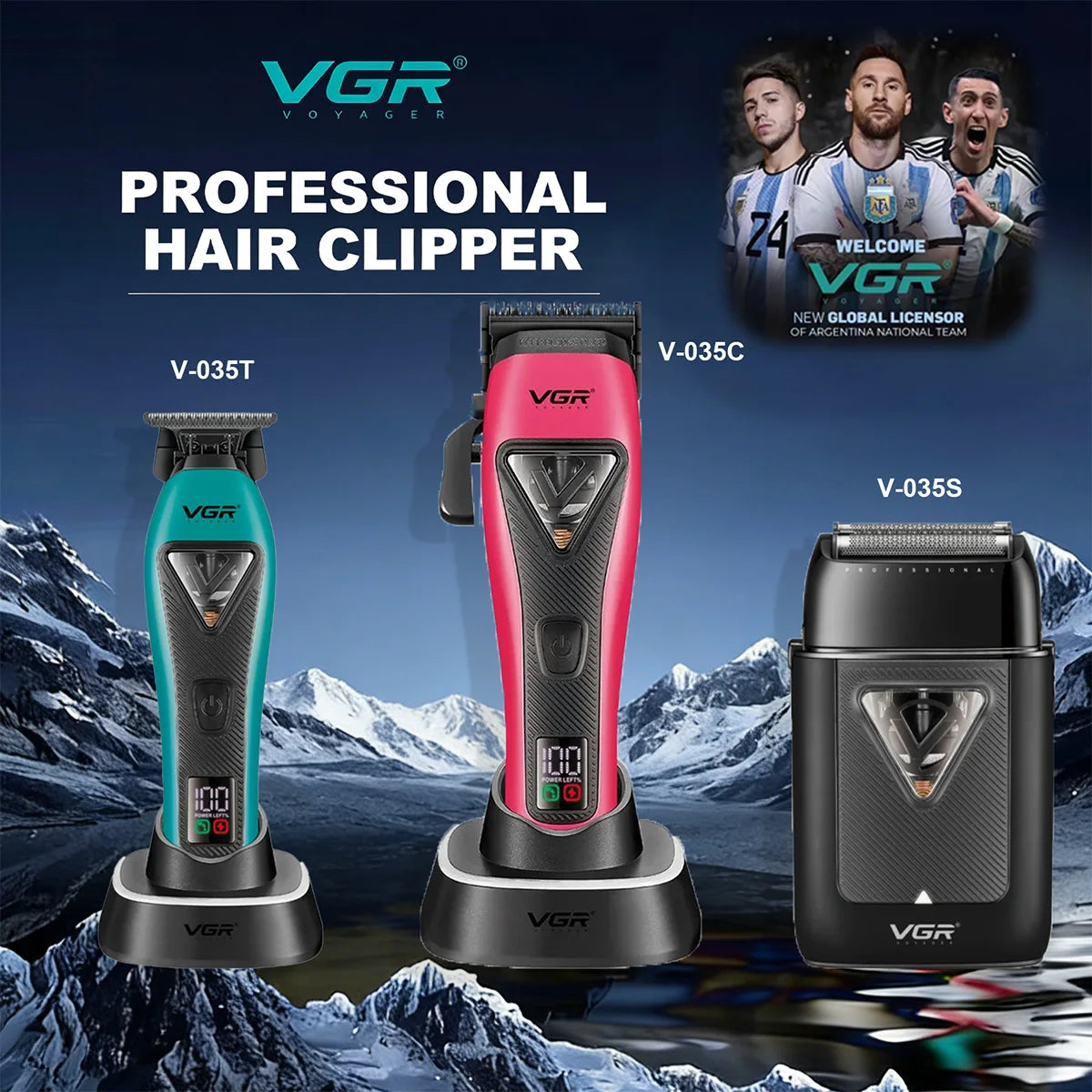 Set professioneller Haarschneider in schwarz und pink, vor schneebeständigem Bergpanorama.