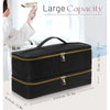 A black PU leather hair dryer storage bag is shown with a large capacity label and dimensions.