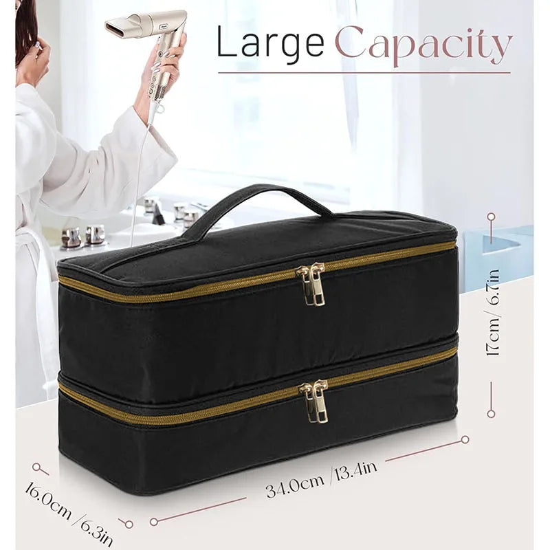 A black PU leather hair dryer storage bag is shown with a large capacity label and dimensions.
