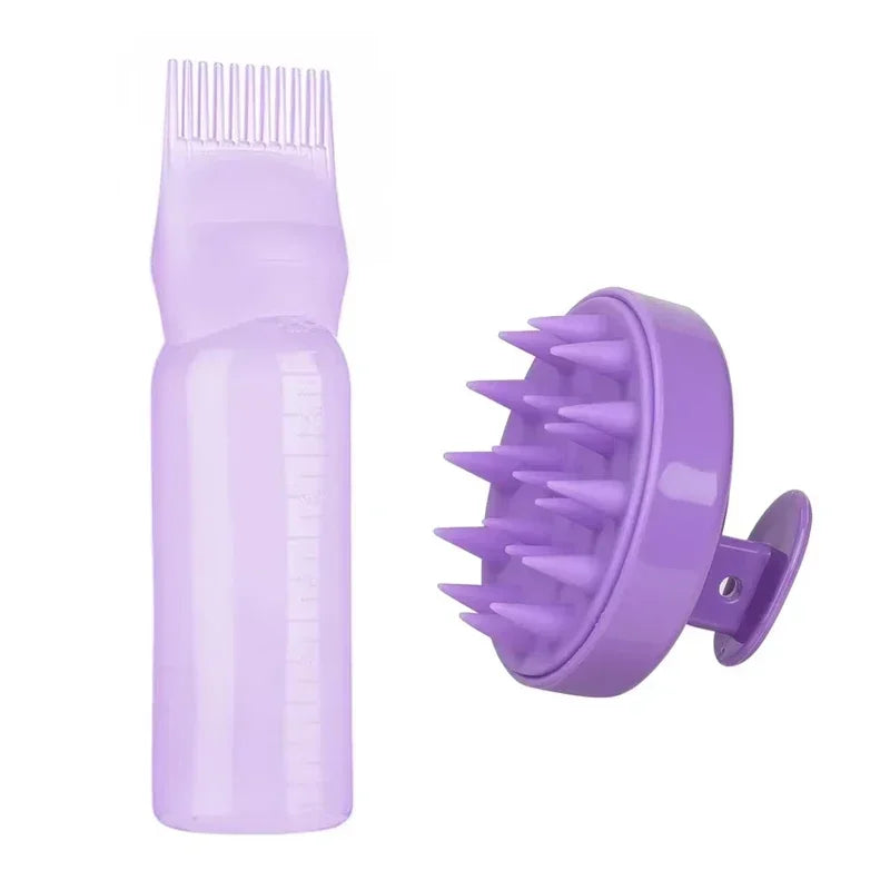 Peigne applicateur de teinture capillaire silicone violet avec tête arrondie et dents longues.