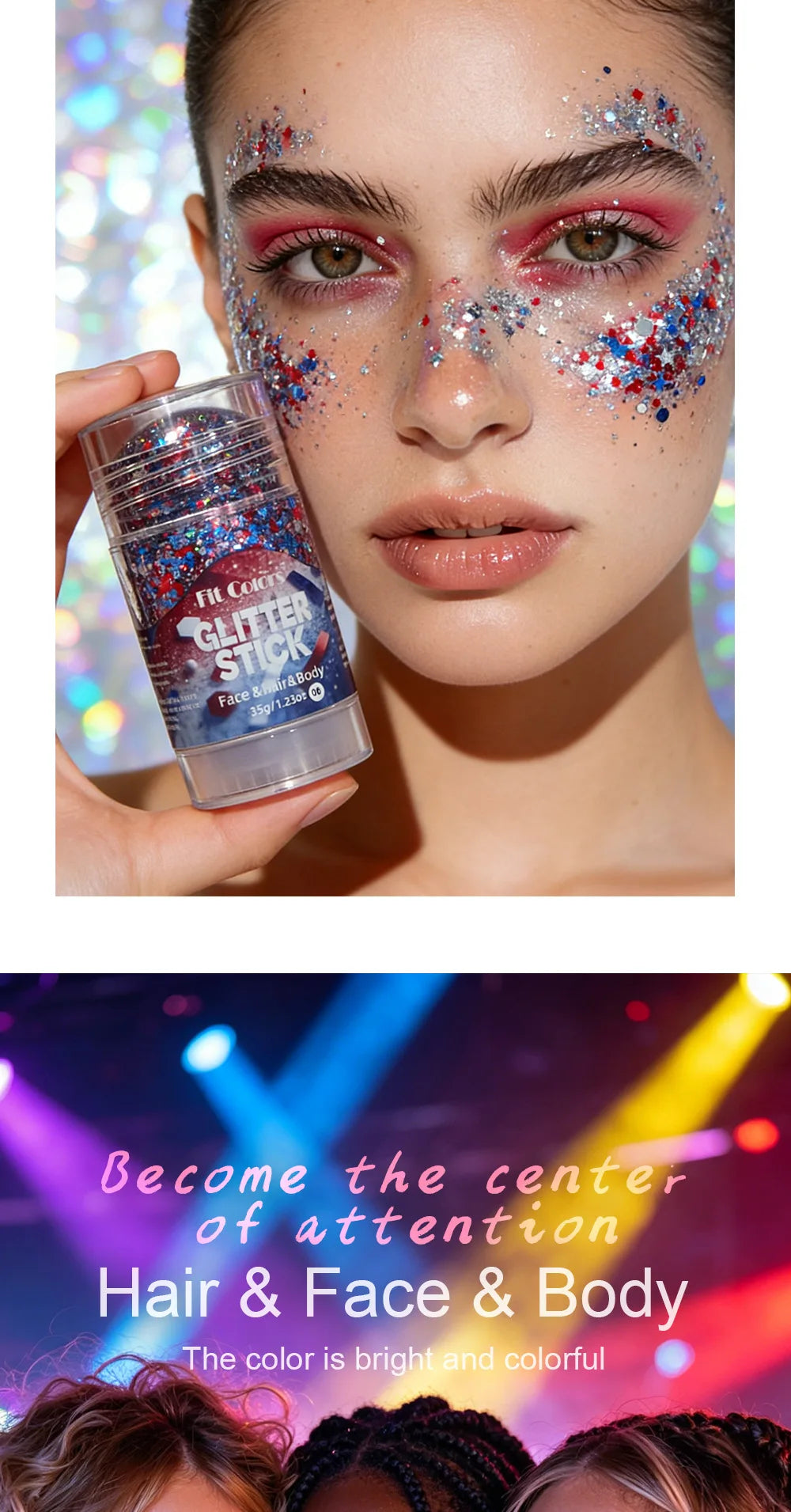 Gros plan d'une femme appliquant une baguette de paillettes scintillantes sur son visage et son corps.