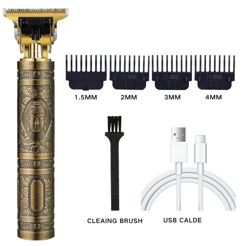 A set of professional electric hair clipper attachments including various size combs and a cleaning brush and USB cable
