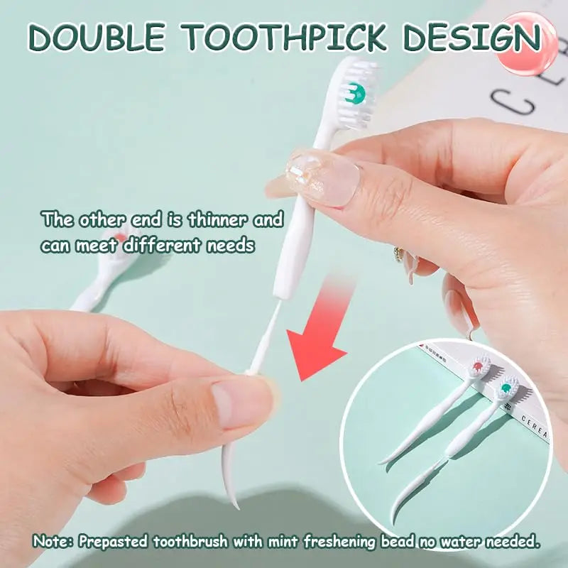 Une main tient une brosse à dents au design de cure-dents doubles, montrant les extrémités plus épaisses et plus fines pour d