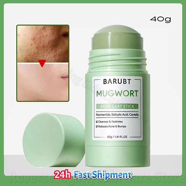 A tube of Barubt Mugwort Acne Clay Stick in light green packaging with a close-up of skin texture.