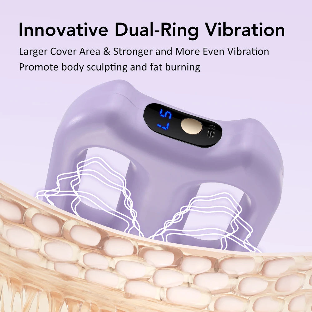 A purple electric dual-ring vibration massager is shown with a close-up of its textured surface.