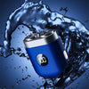 A blue electric shaver head is shown being rinsed with water, emphasizing the cleaning process.