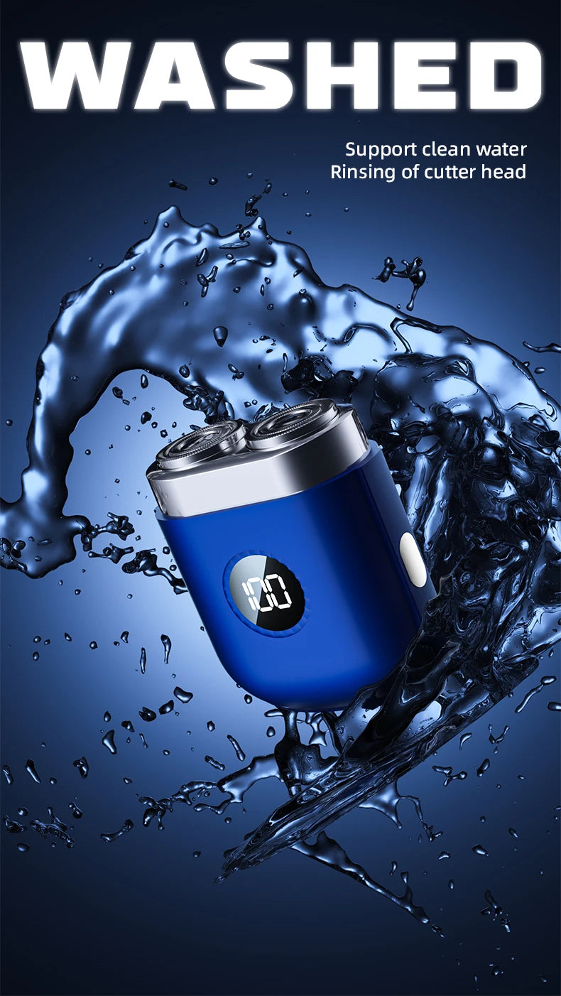 A blue electric shaver head is shown being rinsed with water, emphasizing the cleaning process.