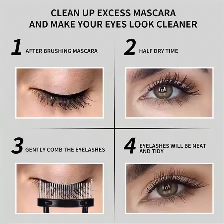 Guide en quatre étapes pour retirer l'excès de mascara avec un fer à cils en acier inoxydable.