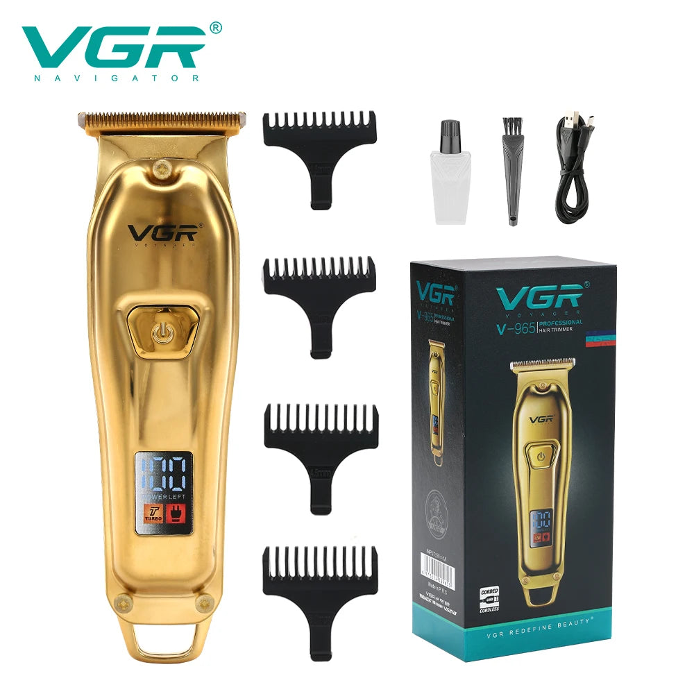 A VGR professional cordless electric hair clipper in gold color with various attachments shown.