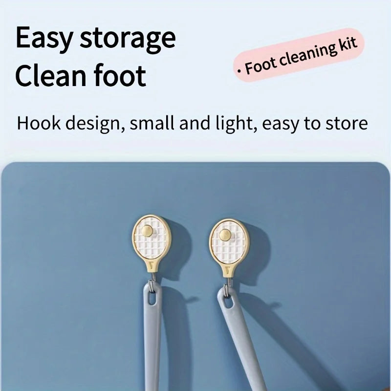 A pair of light gray hook-designed foot cleaning kits with circular pads are displayed against a blue background.