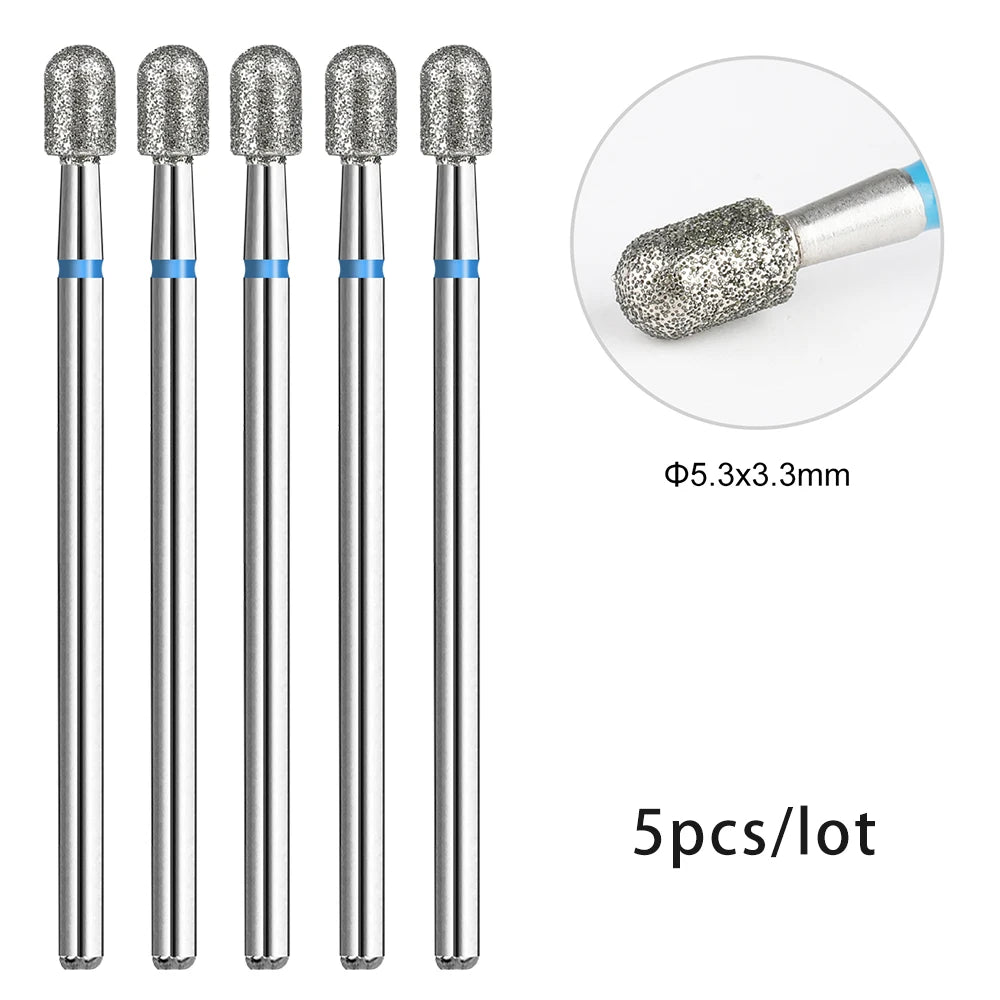 A set of five silver diamond nail drill bits with blue accents shown in various angles.