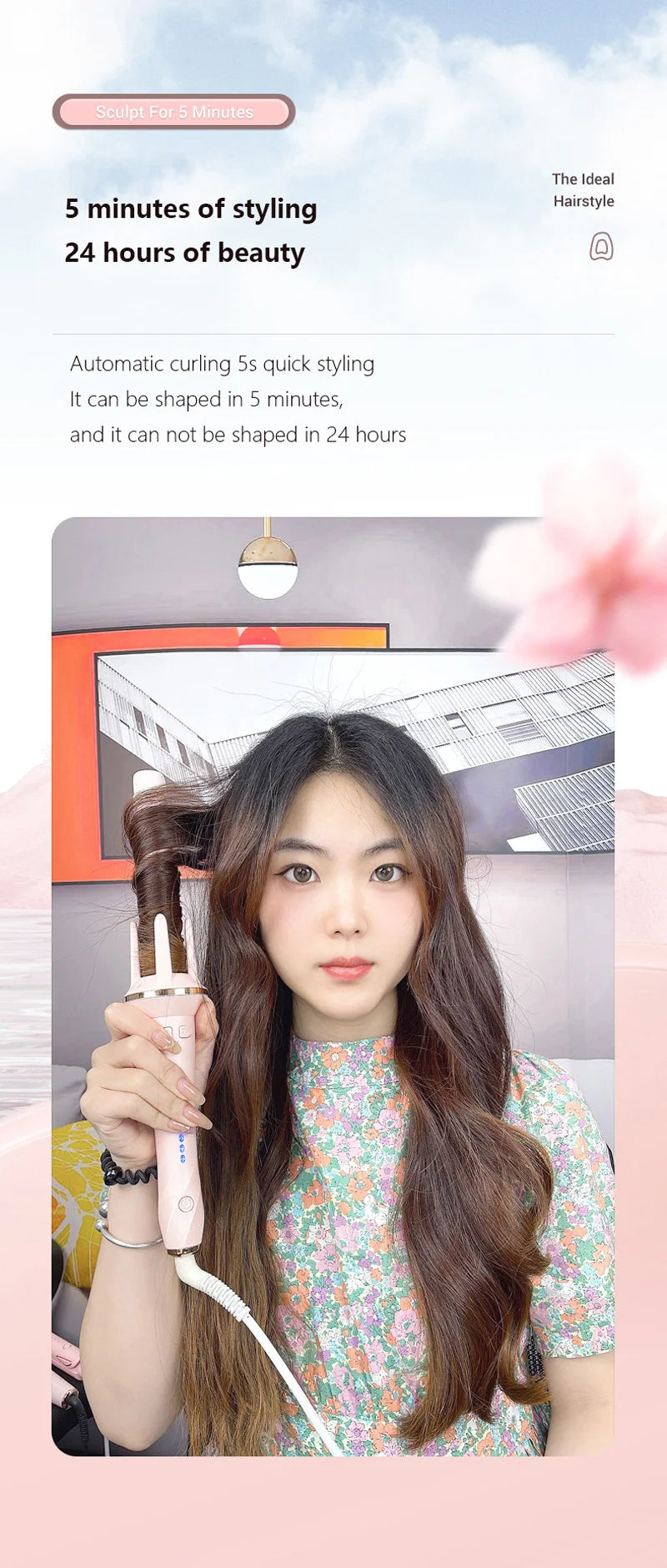 A woman is using an automatic ceramic curling iron to style her long brown hair.