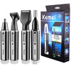 Set von vier Kemei wiederaufladbaren Grooming-Trimmern zum Entfernen von Haar aus Nase, Ohr und Augenbraue in einer Box.