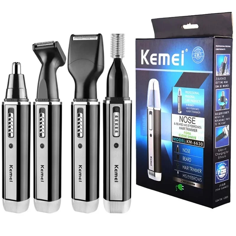 Set von vier Kemei wiederaufladbaren Grooming-Trimmern zum Entfernen von Haar aus Nase, Ohr und Augenbraue in einer Box.