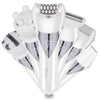A set of six white portable electric hair removers displayed together.