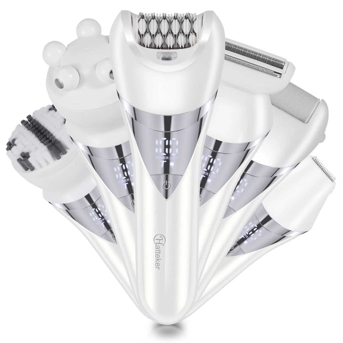 A set of six white portable electric hair removers displayed together.