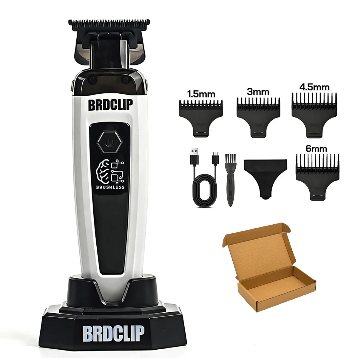 A professional rotary hair trimmer kit showing various attachments and the main BDCLIP unit.