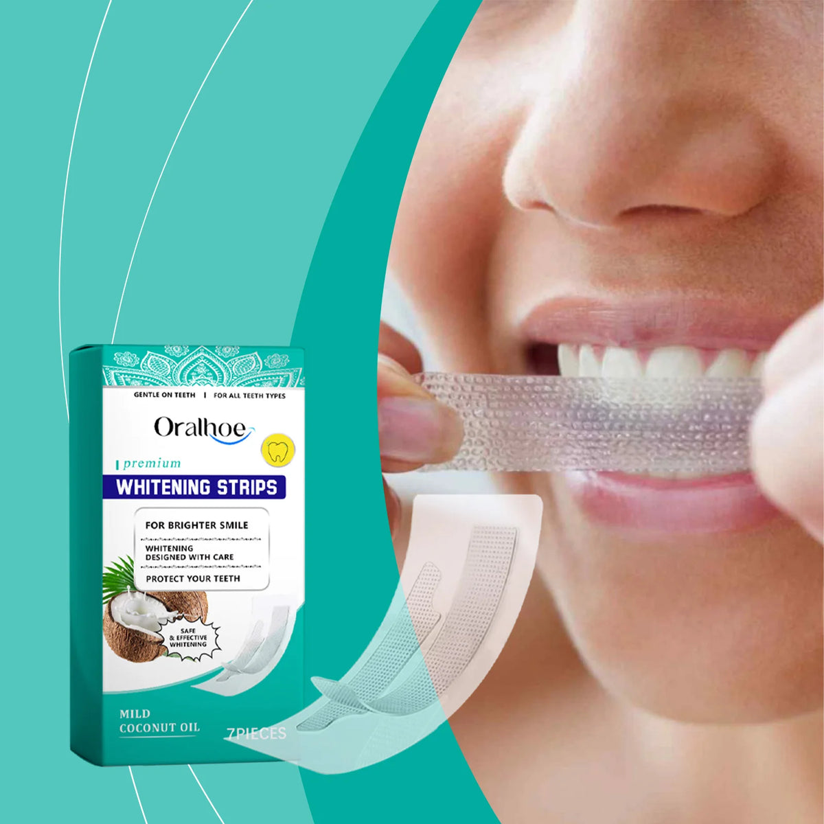 A close-up of a person's mouth showing natural tooth whitening strips being used for bright smiles.