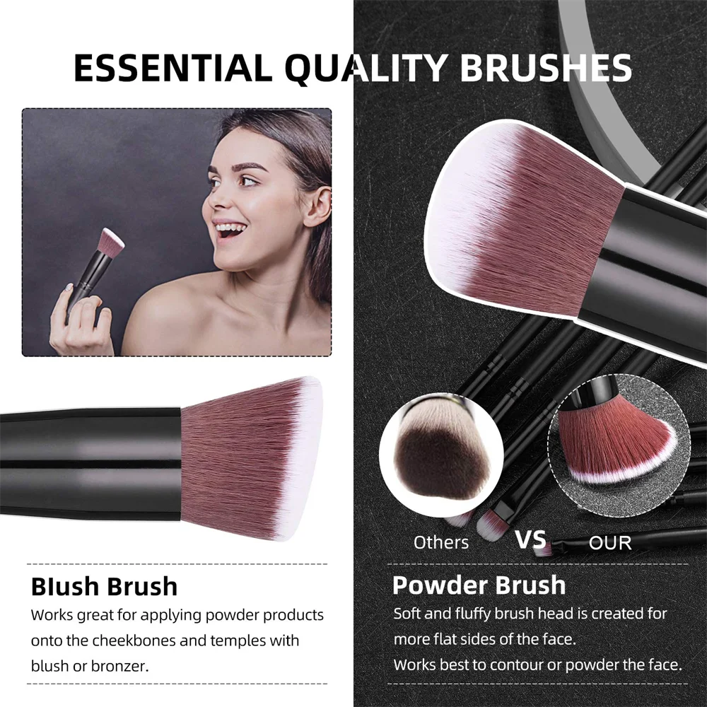 A set of essential quality makeup brushes including a blush brush and a powder brush shown against a dark background.